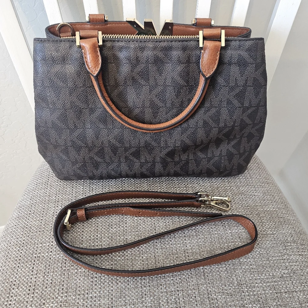 Michael Kors Black and Brown Satchel with Gold Accents